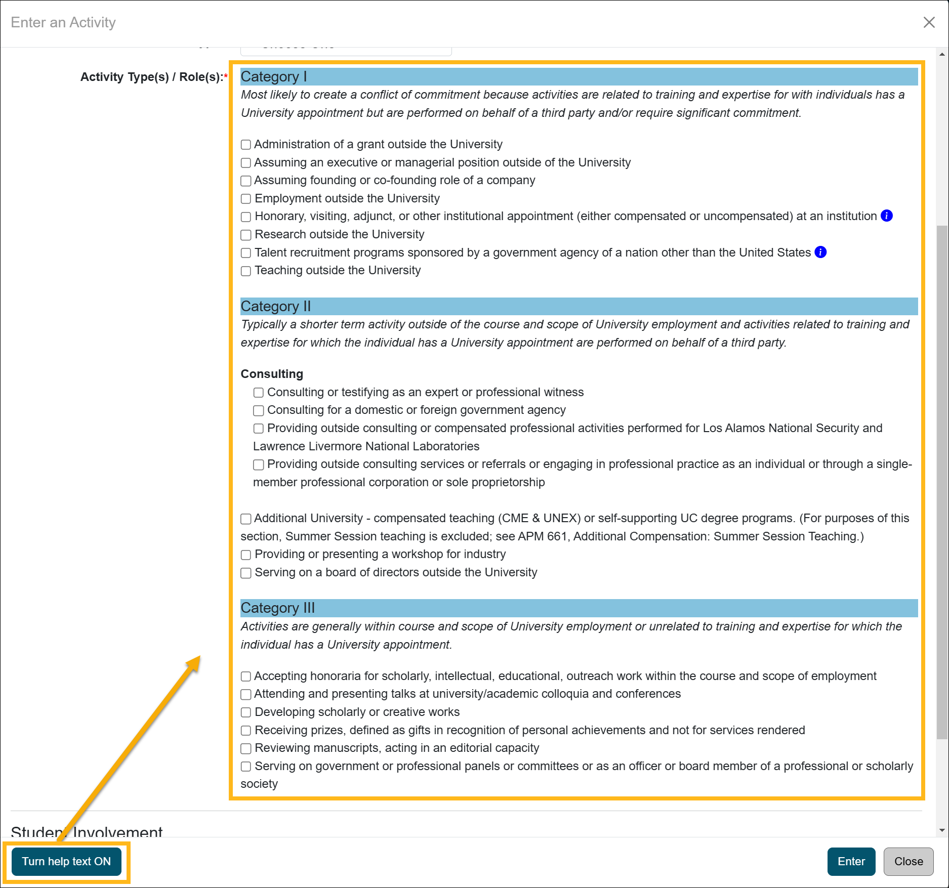 options for activity type based on category