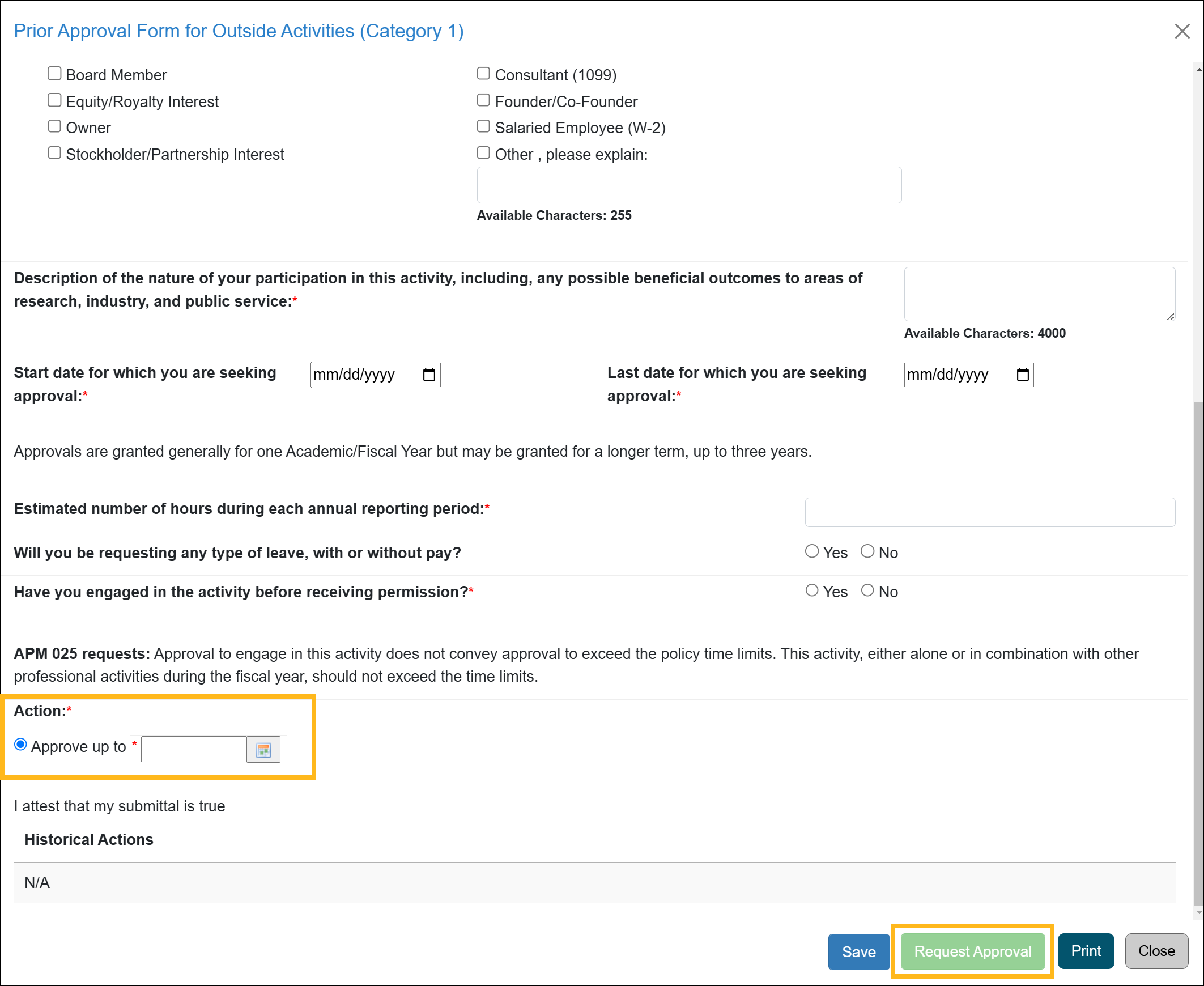 activity form with actions section and request approval button