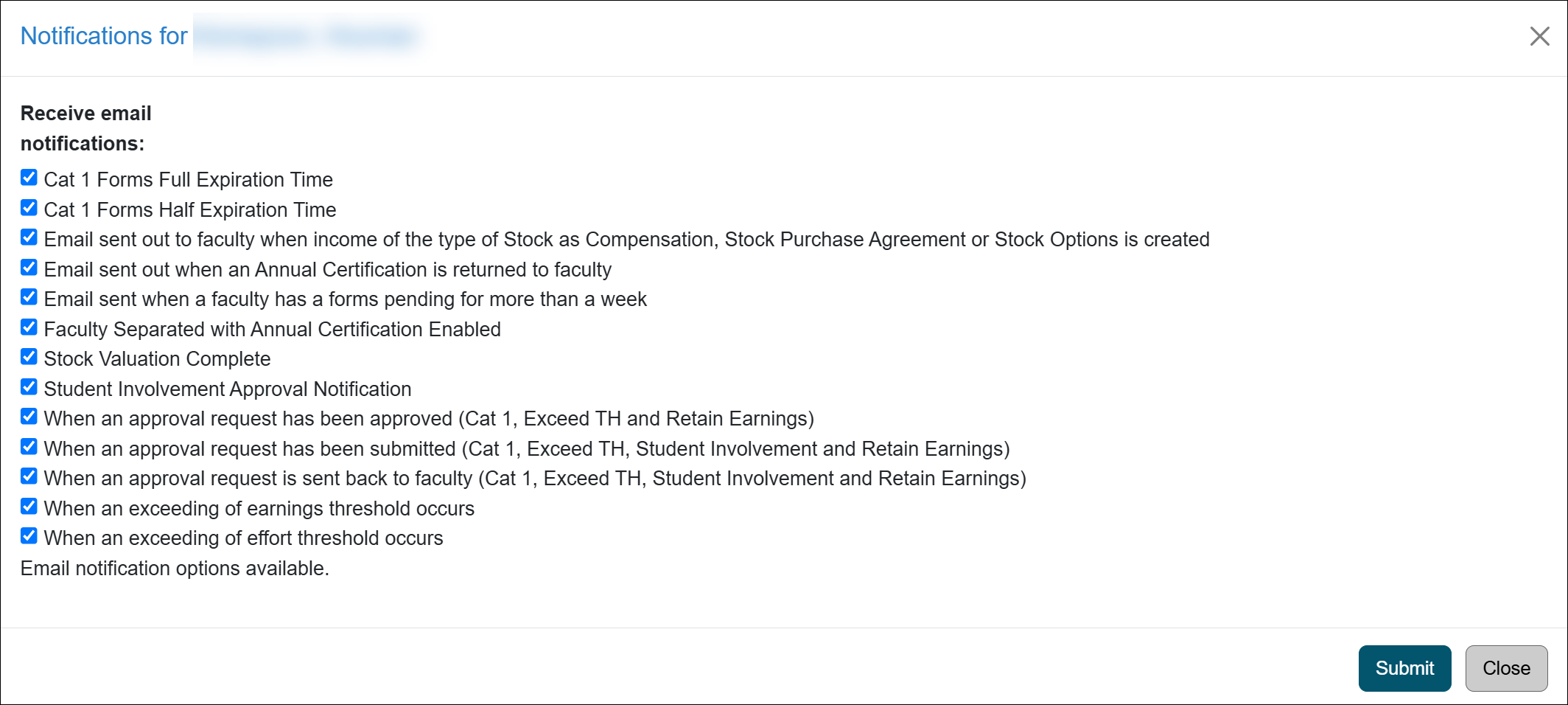 options for managing email notifications for a faculty member