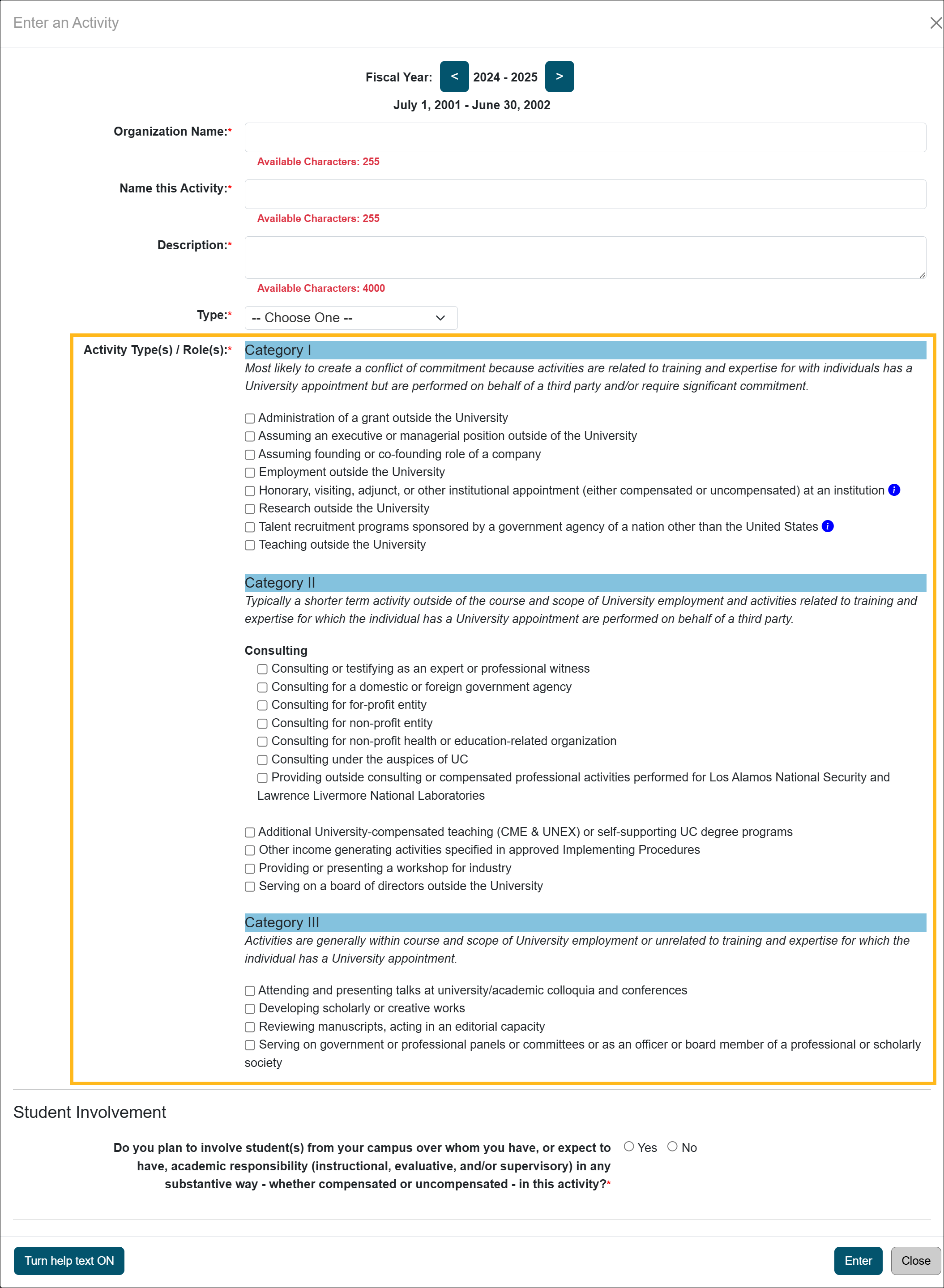 list of options for activity type or category