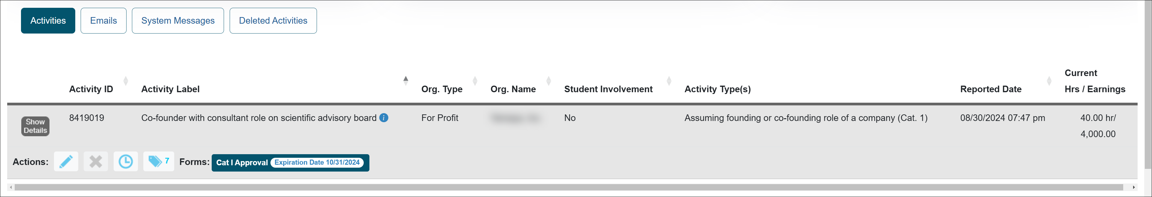 activities tab that list of activities and prior approval forms for the faculty member