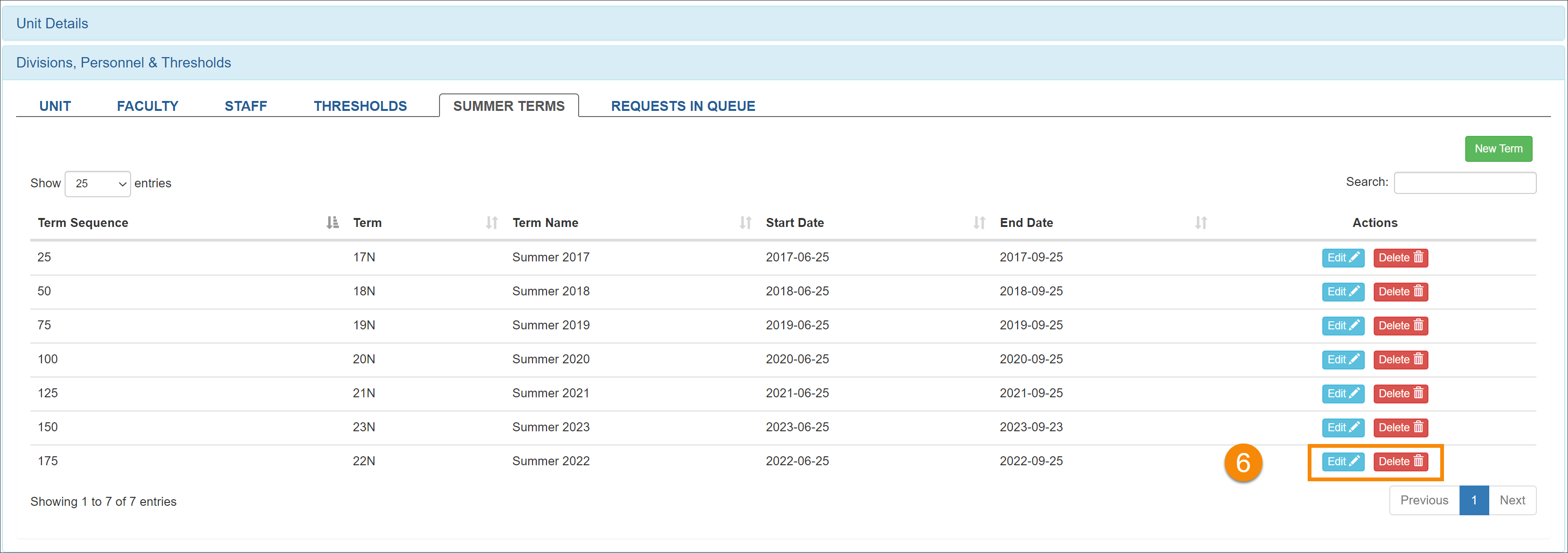 options to edit or delete term in summer terms tab