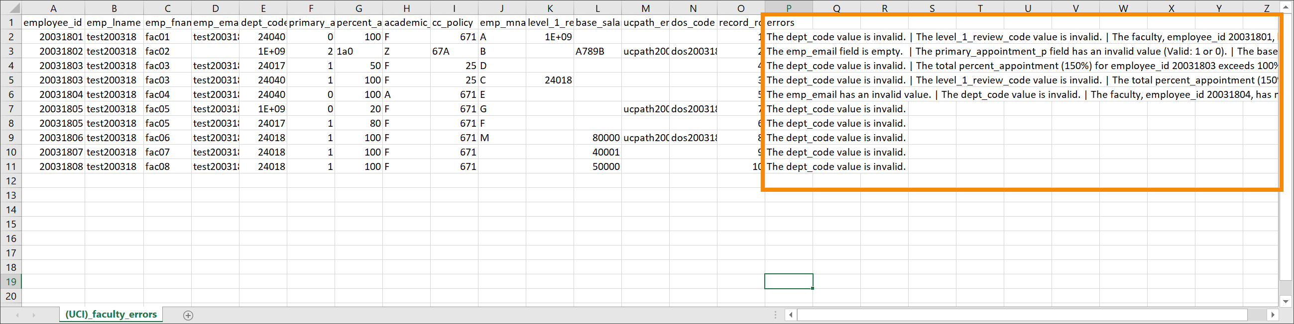 example of data exported to a spreadsheet