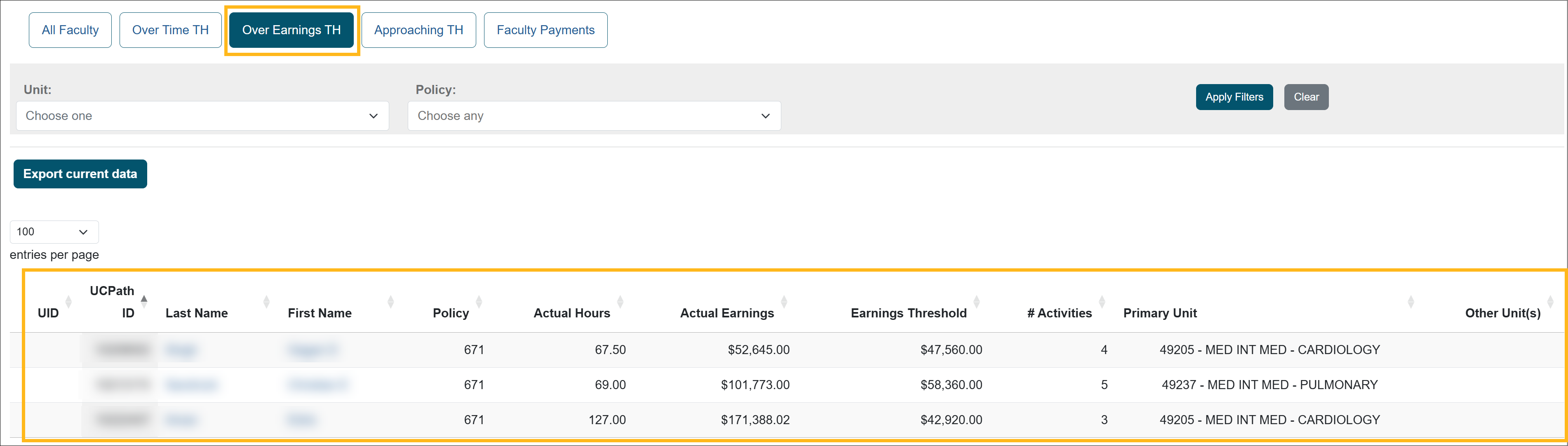 Over Earnings Threshold tab that shows Health Science faculty members that exceed their earnings threshold