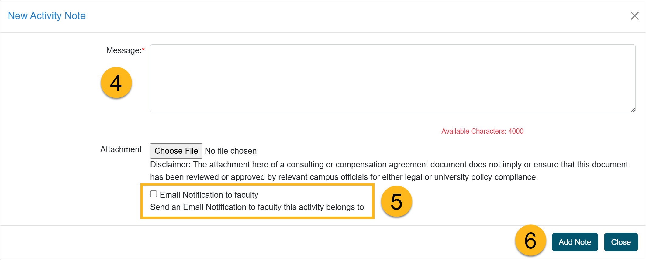 Activity note field. There is a message field and an attachment button.