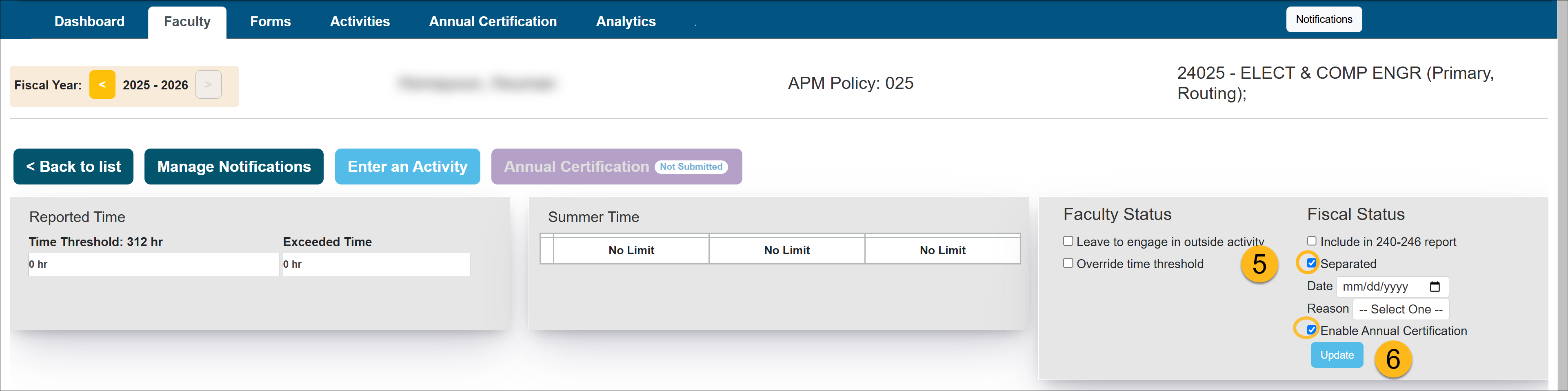 UC OATS Faculty status page for an APM025 faculty member. Shows the Fiscal Status options