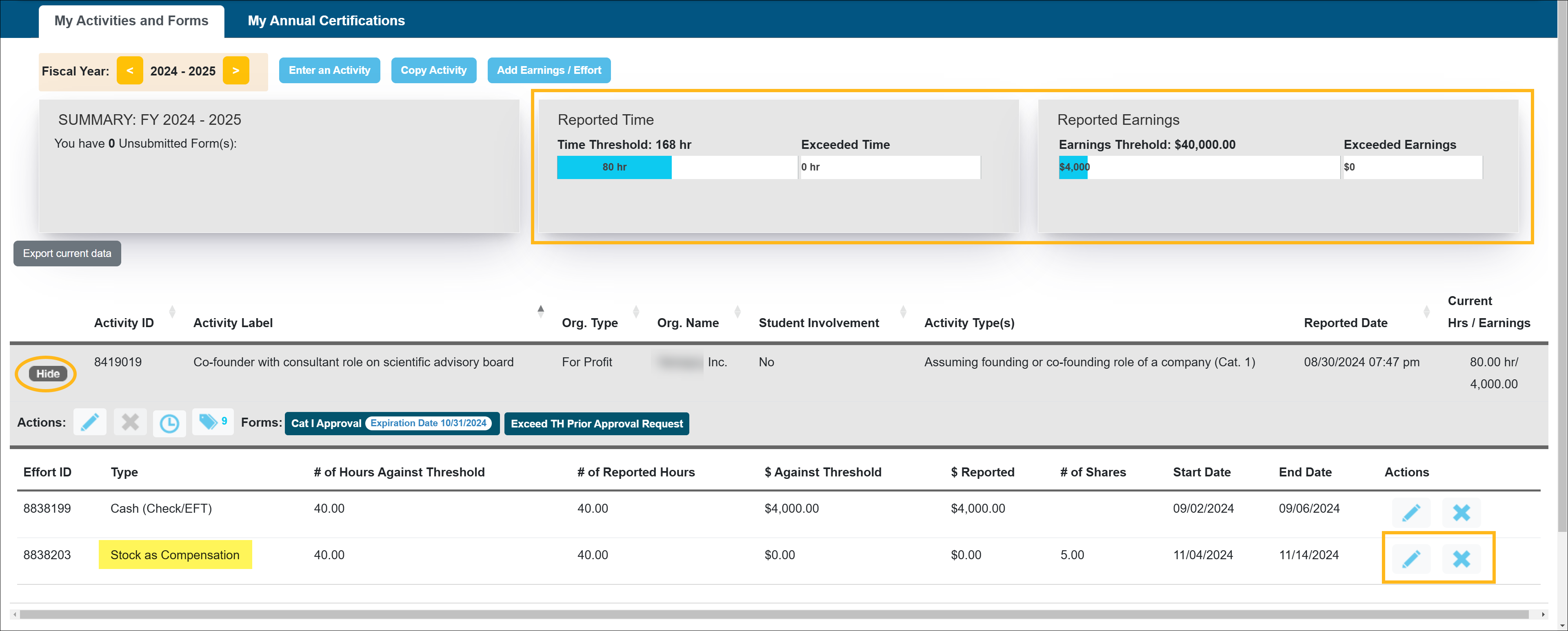 Activity note with attached stock agreement