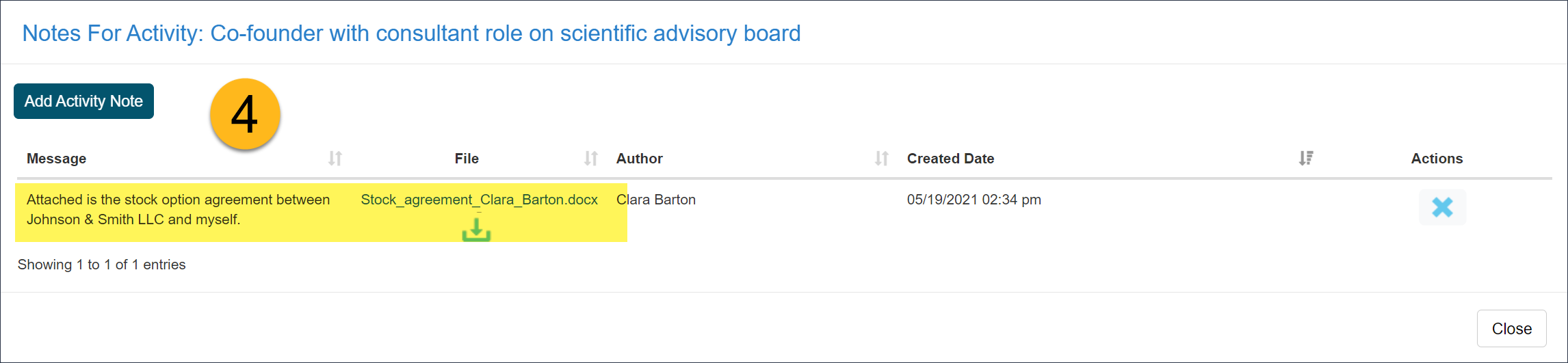 Activity note with attached stock agreement