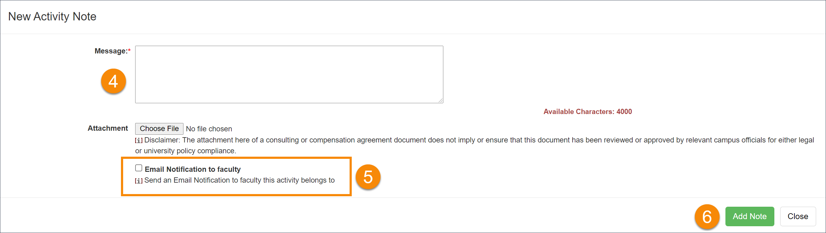 Activity note field. There is a message field and an attachment button.