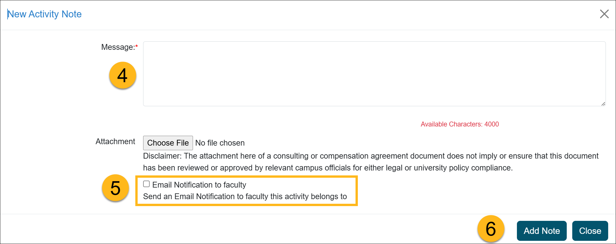 Activity note field. There is a message field and an attachment button.